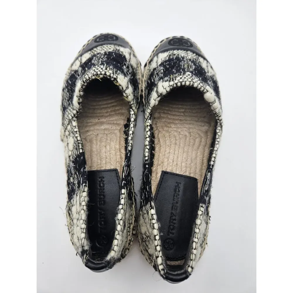 Tory Burch Logo Espadrille Flats Black Ivory Tweed Round Toe Slip-On sz 6.5